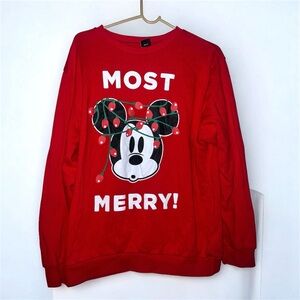 Disney Mickey Mouse “Most Merry” Christmas Red Crewneck Sweater Sz Large Unisex